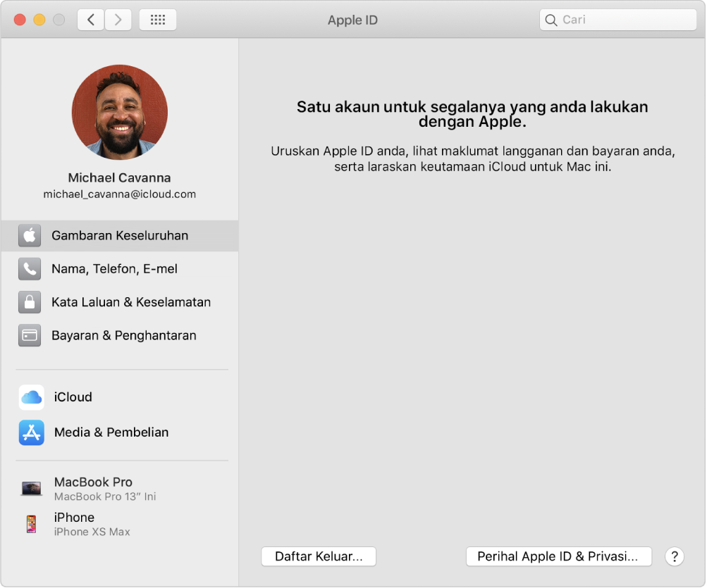 Keutamaan Apple ID menunjukkan bar sisi jenis pilihan akaun berlainan yang anda boleh gunakan dan keutamaan Gambaran Keseluruhan untuk akaun sedia ada.