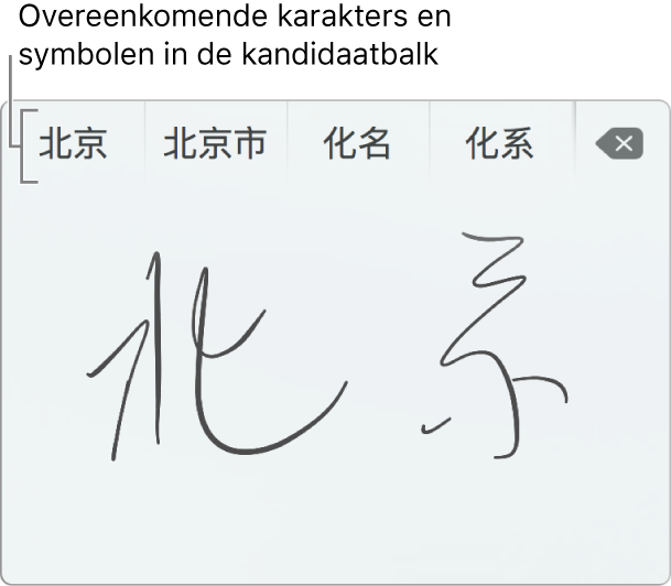 Het venster 'Geschreven trackpadinvoer' met het woord "Beijing" met de hand geschreven in Vereenvoudigd Chinees. Als je streken op het trackpad tekent, worden op de kandidatenbalk (boven in het venster 'Geschreven trackpadinvoer') tekens en symbolen weergegeven die mogelijk overeenkomen. Tik op een kandidaat om die te selecteren.
