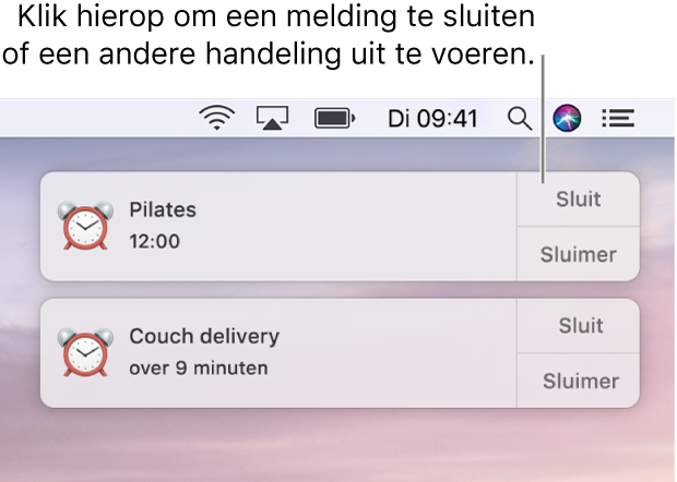 Meldingen van de app Agenda rechtsboven in het scherm.
