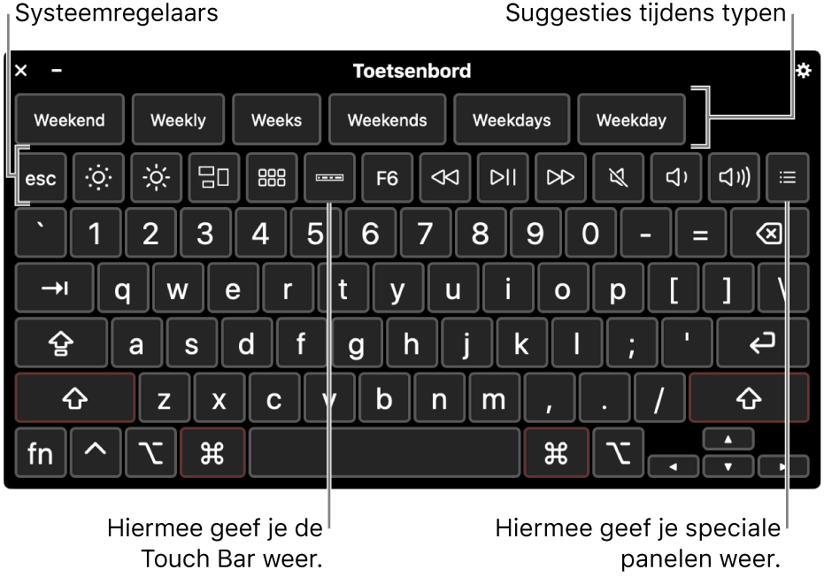Het toegankelijkheidstoetsenbord met typesuggesties bovenaan. Onderaan staat een rij knoppen voor systeemregelaars waarmee je bijvoorbeeld de helderheid van het scherm kunt aanpassen en de Touch Bar op het scherm en aangepaste panelen kunt weergeven.