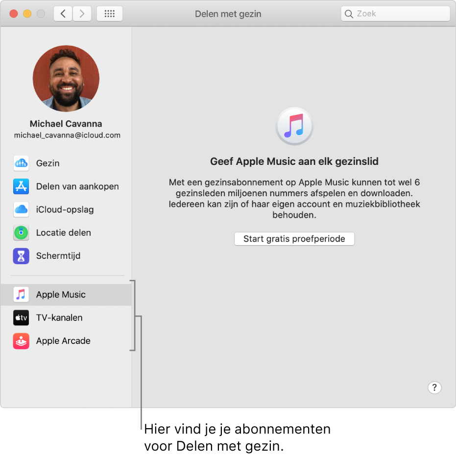Het voorkeurenpaneel 'Delen met gezin', met een navigatiekolom met daarin verschillende soorten abonnementen die je kunt configureren en gebruiken.