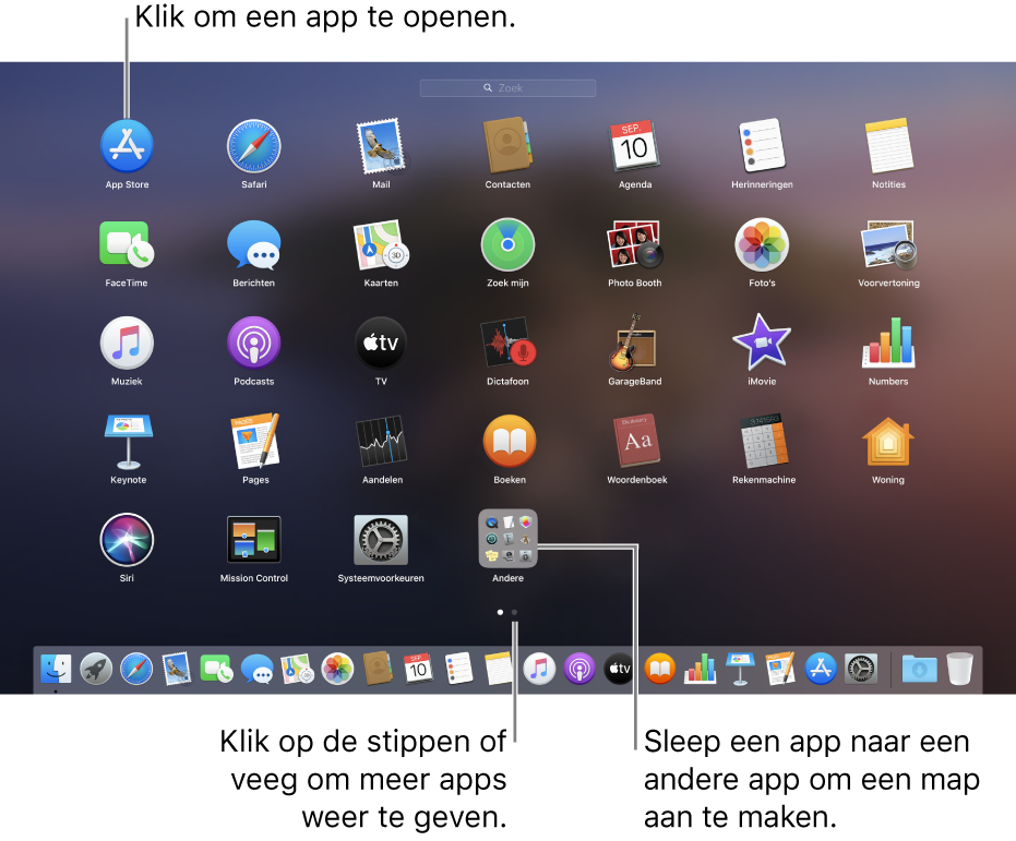 Launchpad met apps die je kunt openen.