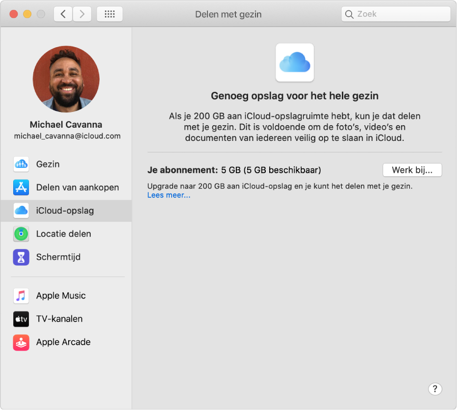 Voorkeurenpaneel 'Delen met gezin', met een navigatiekolom met daarin verschillende typen accountopties die je kunt gebruiken, en het voorkeurenpaneel 'iCloud-opslag' voor een bestaande account.