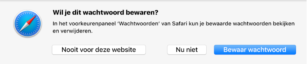 Een dialoogvenster waarin je wordt gevraagd of je het wachtwoord voor een website wilt bewaren.