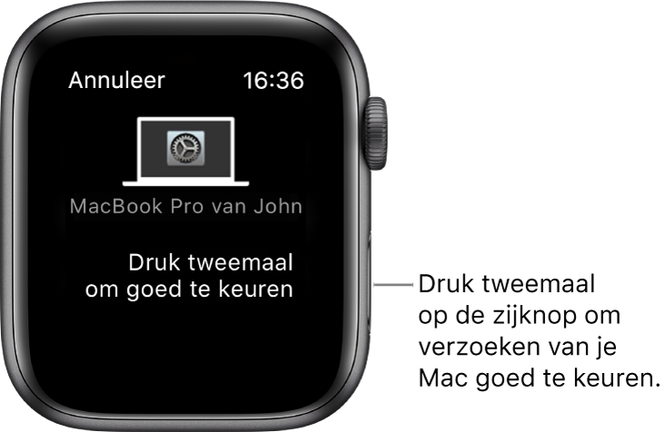 Een Apple Watch waarop een autorisatieverzoek van een MacBook Pro te zien is.