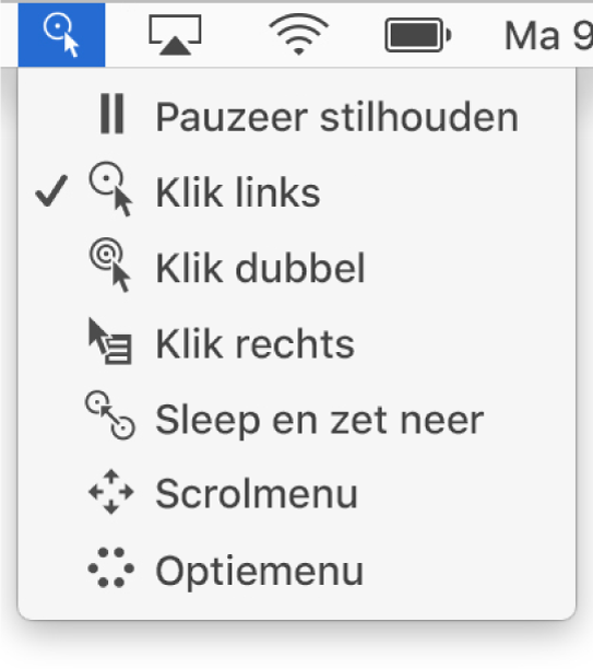 De menuopties van het statusmenu voor stilhouden, met van boven naar beneden: 'Pauzeer stilhouden', 'Klik links', 'Klik dubbel', 'Klik rechts', 'Sleep en zet neer', 'Scrolmenu' en 'Optiemenu'.