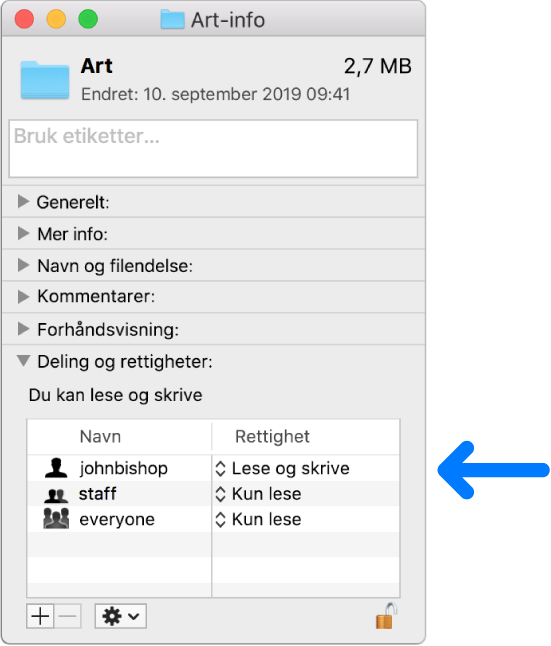 Rettighetsinnstillingene nederst i et Info-vindu.