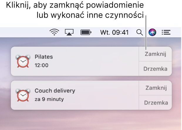 Powiadomienia z aplikacji Kalendarz, wyświetlane w prawym górnym rogu ekranu.