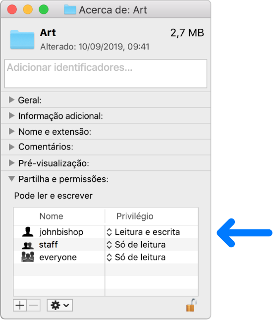As definições de permissão, na parte inferior da janela de informação.