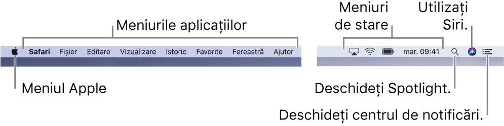 Bara de meniu. În partea din stânga se află meniul Apple și meniurile aplicației. În partea din dreapta se află meniurile de stare și pictogramele pentru Spotlight, Siri și Centrul de notificări.