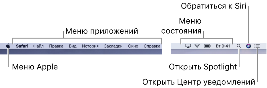 Строка меню. В левой части находится меню Apple и меню программ. Справа находятся меню статуса, а также значки Spotlight, Siri и Центра уведомлений.