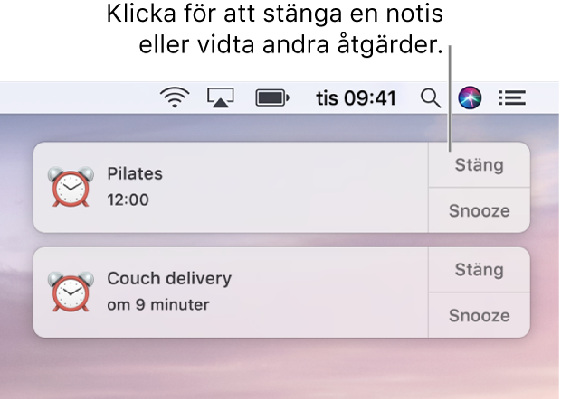 Notiser från programmet Kalender i övre högra hörnet av skärmen.
