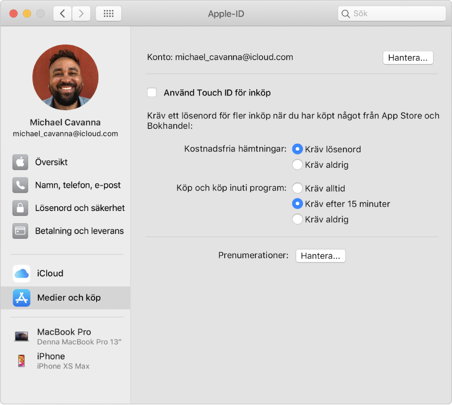 Inställningspanelen Apple-ID med ett sidofält med olika typer av kontoalternativ som du kan använda och inställningspanelen Medier och köp för ett befintligt konto.