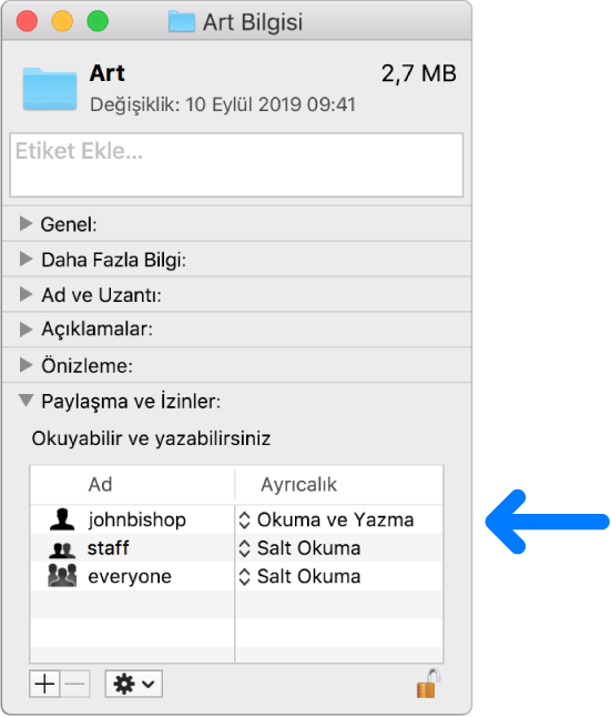 Bilgi penceresinin en altındaki izin ayarları.