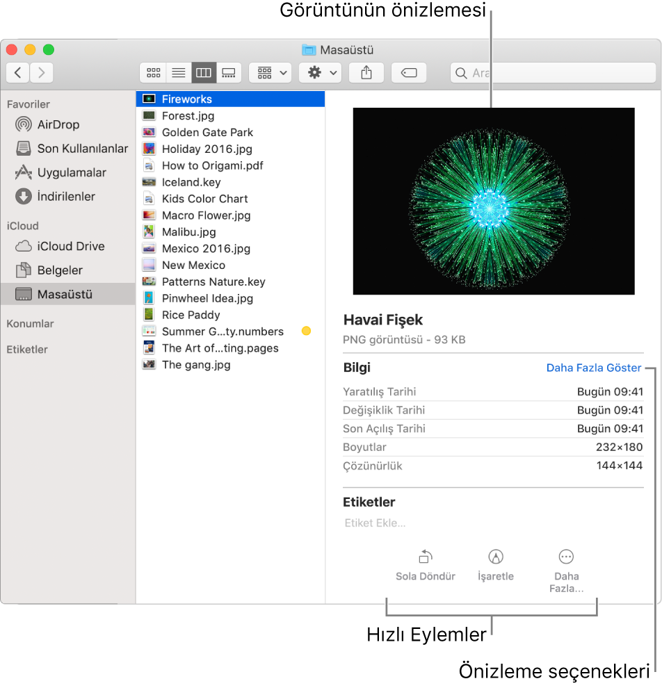 Solda Finder kenar çubuğunu ve pencerenin orta bölümünde seçilen bir görüntüyü gösteren Finder penceresi. Sağda, Önizleme bölümü, bölümün en üst kısmında görüntünün neye benzediğini, bunun altında görüntü ayrıntılarını, en altta da Hızlı Eylemler düğmelerini gösterir.