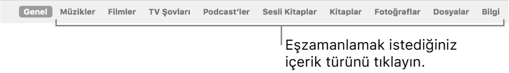 Genel düğmesini ve müzik, filmler, TV şovları ve daha fazlası gibi içeriklerin düğmelerini gösteren düğme çubuğu.