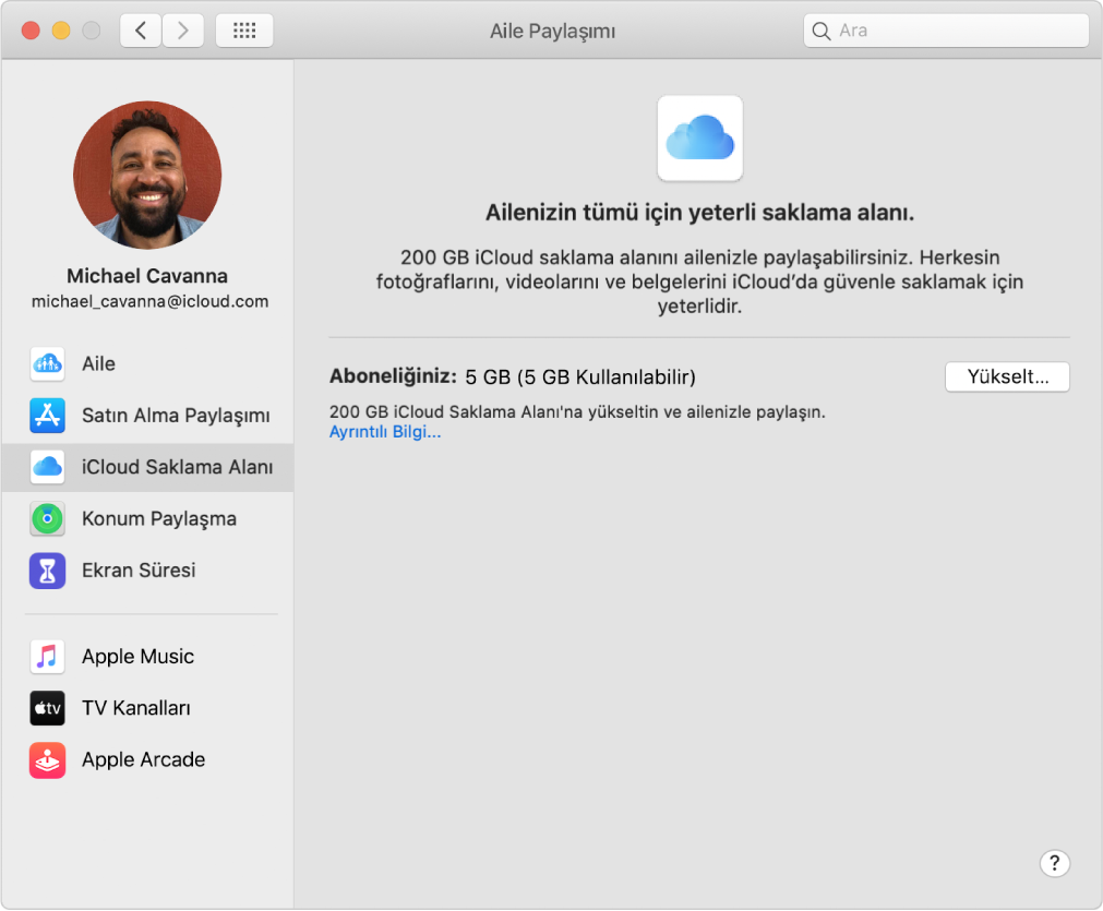 Kullanabileceğiniz hesap seçeneklerinin farklı türlerinin ve var olan bir hesabın iCloud Saklama Alanı tercihlerinin bulunduğu bir kenar çubuğunu gösteren Aile Paylaşımı tercihleri.