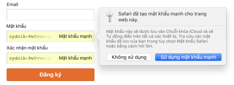 Một hộp thoại đang hiển thị Safari đã tạo một mật khẩu mạnh cho một trang web sẽ được lưu vào Chuỗi khóa iCloud của người dùng và có sẵn để Tự động điền trên các thiết bị của người dùng.