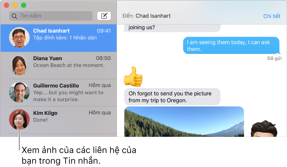 Thanh bên từ ứng dụng Tin nhắn đang hiển thị các hình ảnh của mọi người bên cạnh tên của họ.