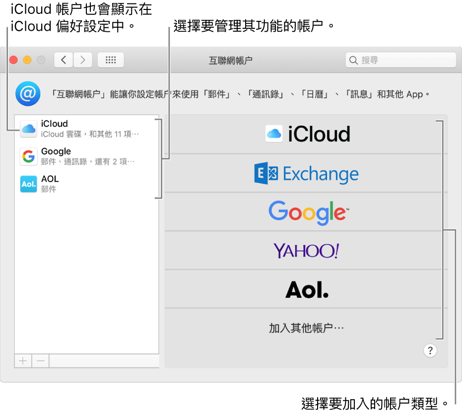互聯網帳户偏好設定,其右側列出 iCloud 和 Twitter 帳户,而左側則列出可使用的帳户類型。