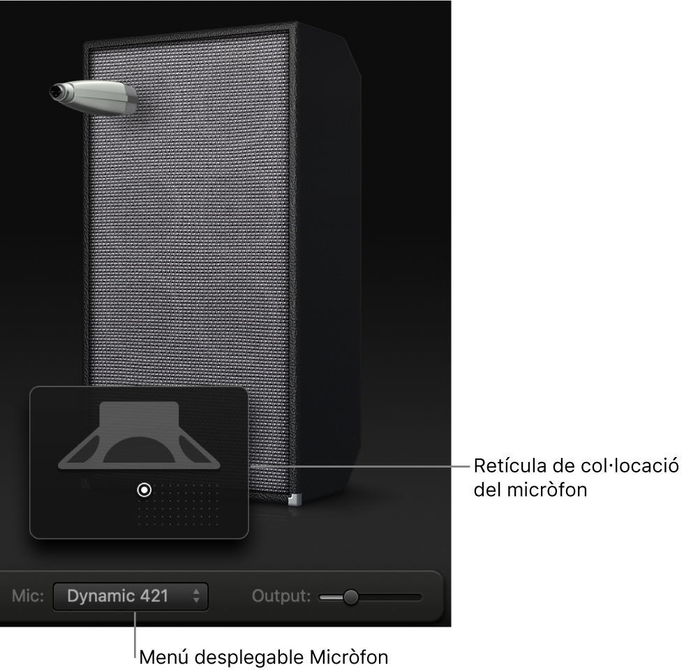 Àrea de caixa del Bass Amp Designer on es mostra el menú Mic i la retícula de posicionament del micròfon.