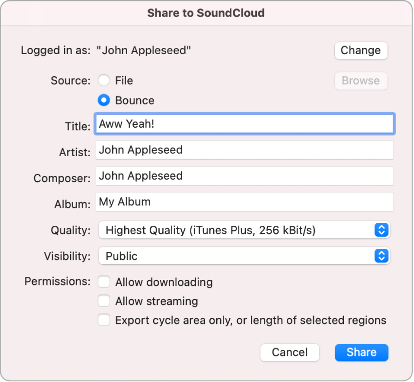 Dialogfenster zum Teilen für SoundCloud