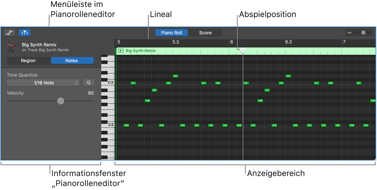 Pianorolleneditor mit hervorgehobenem MIDI-Noten-Event