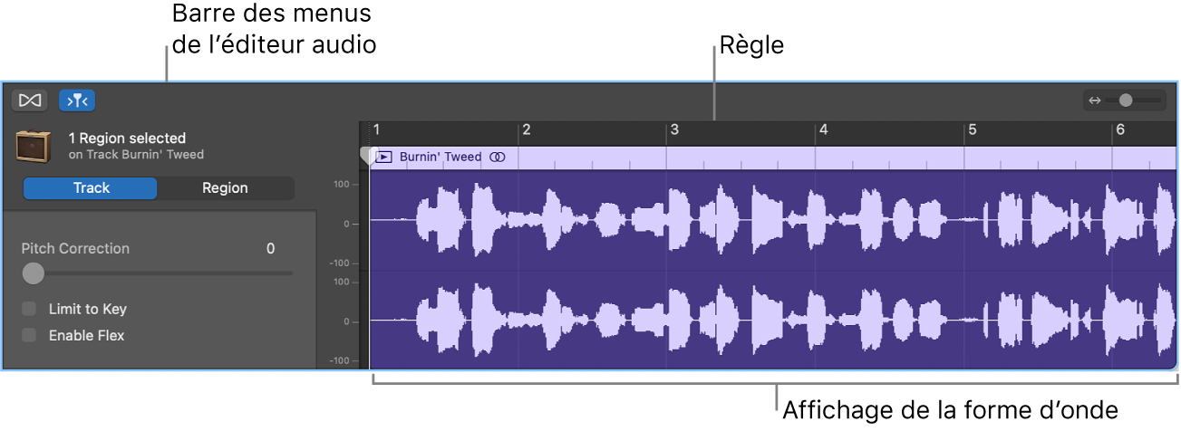 Éditeur audio avec une région sélectionnée.