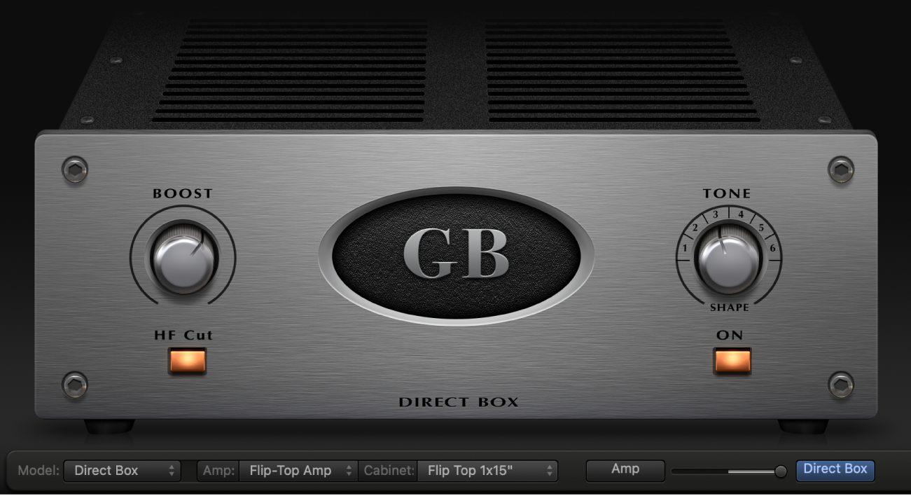 Bass Amp Designer द्वारा डायरेक्ट बॉक्स नियंत्रण दिखाए जा रहे हैं।