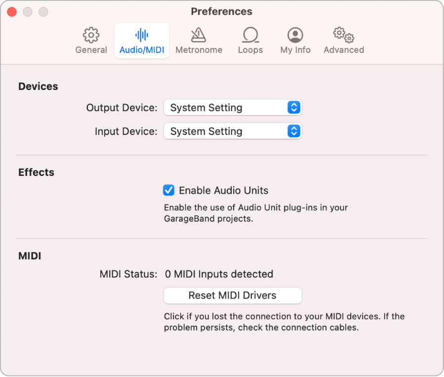 Preferenze audio/MIDI.