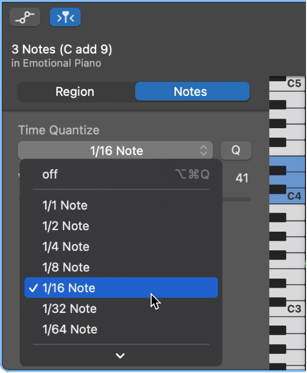Scelta di un valore dal menu a comparsa “Quantizza tempo” in “Editor Piano roll”.