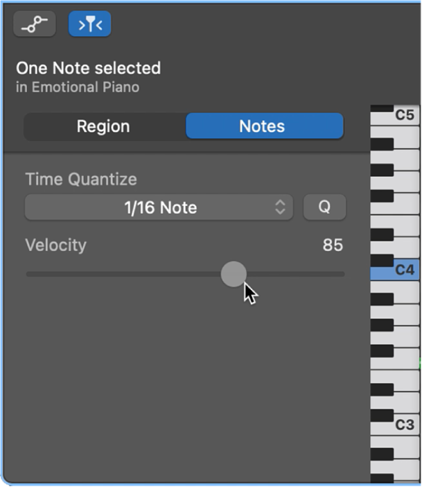 Modifica della velocity della nota in “Editor Piano roll”.
