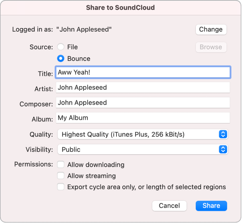 Finestra di dialogo “Condividi con SoundCloud”.