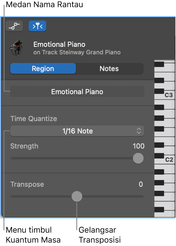 Pemeriksa Editor Lembaran Piano dalam mod Rantau, menunjukkan kawalan.
