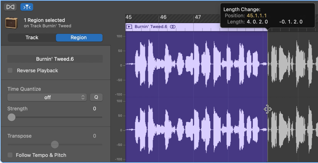 Het inkorten van een segment in de audio-editor, met inkortingsaanwijzer en infolabel.