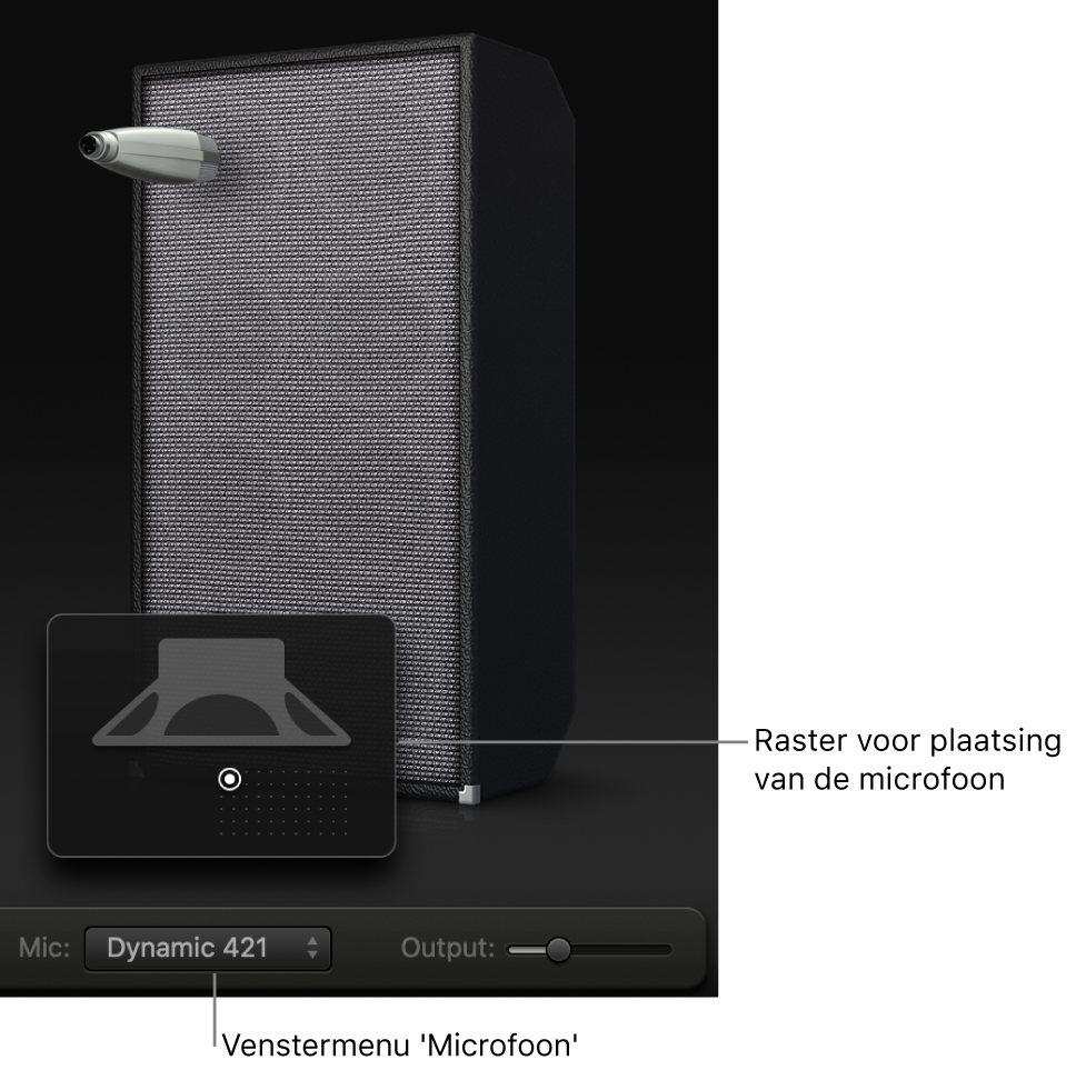 Bass Amp Designer-boxgedeelte met Mic-menu en raster voor de plaatsing van de microfoon.