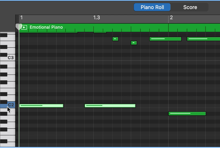 Markering av toner ved å klikke på klaviaturet til venstre i Pianorullredigerer.