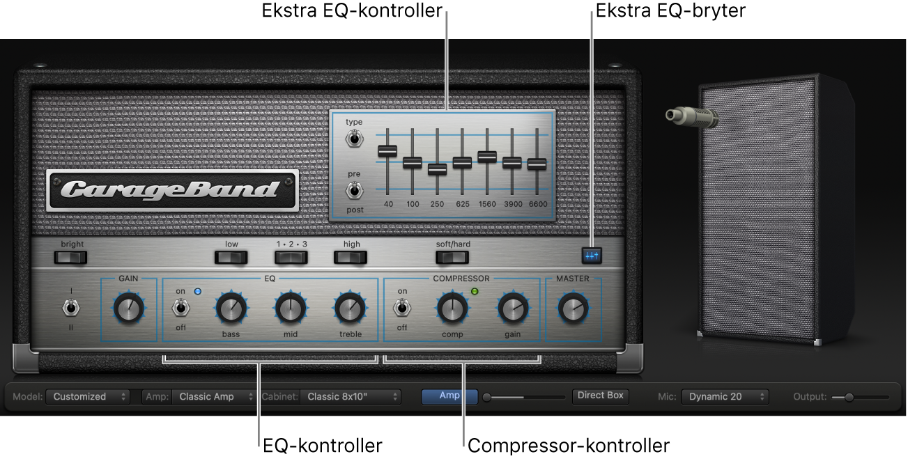 Bass Amp Designer som viser EQ- og kompressorkontroller.