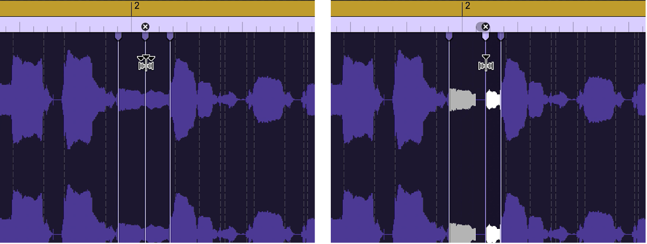 Duas regiões de áudio a ilustrar a região antes e depois de um marcador Flex ser movido para a esquerda.