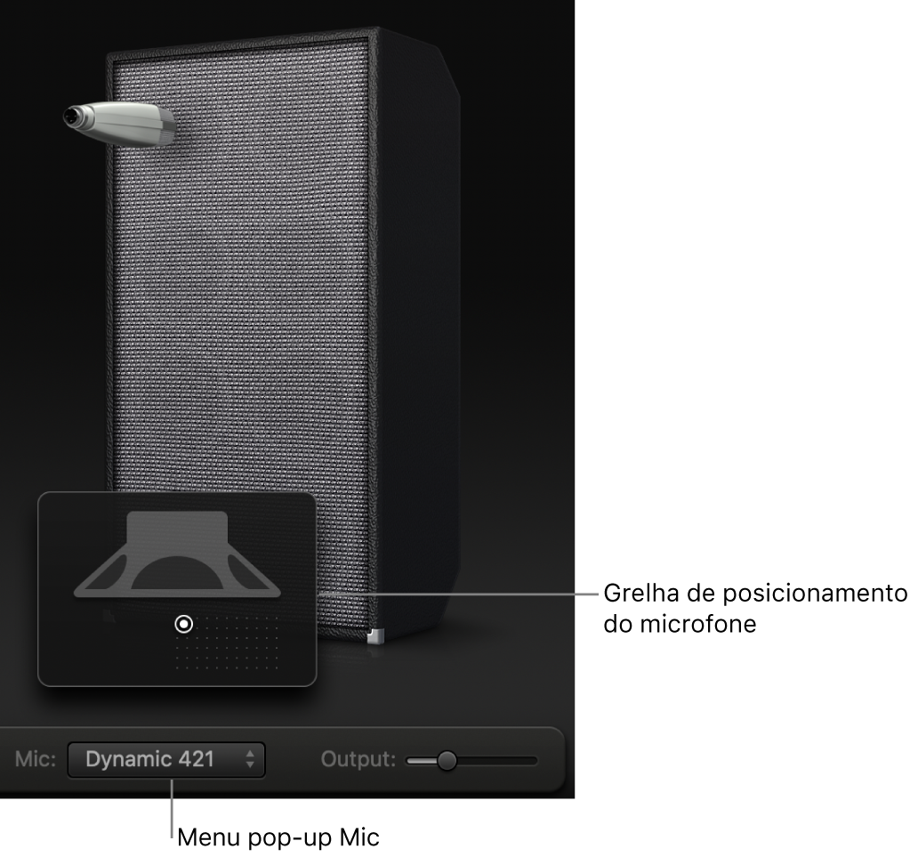 Área da caixa acústica do Bass Amp Designer a mostrar o menu Mic e a grelha de posicionamento do microfone.