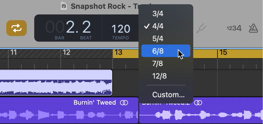 Výber nového taktového označenia z vyskakovacieho menu v LCD