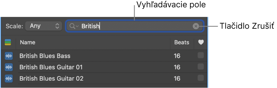 Vyhľadávacie pole v Prehliadači slučiek.