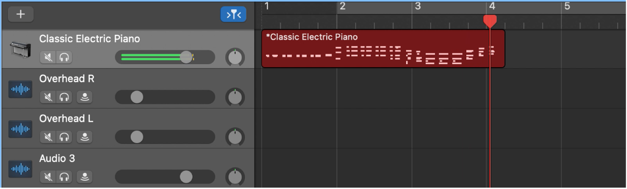 แสดงแถบ MIDI ที่อัดแล้วเป็นสีแดงในพื้นที่แทร็ค