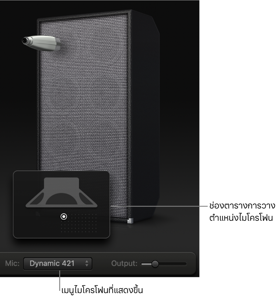 บริเวณตู้ Bass Amp Designer แสดงเมนูไมโครโฟนและเส้นตารางการวางไมโครโฟน