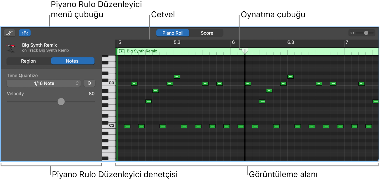 Piyano Rulo Düzenleyici, MIDI notası etkinliğini işaret ediyor.