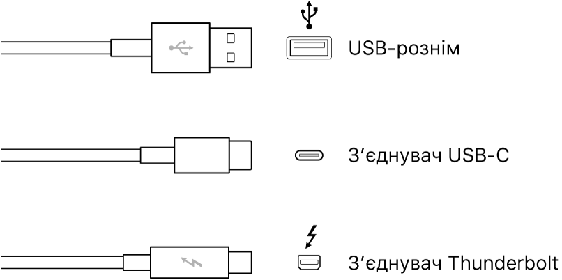 Зображення типів рознімів USB та FireWire.