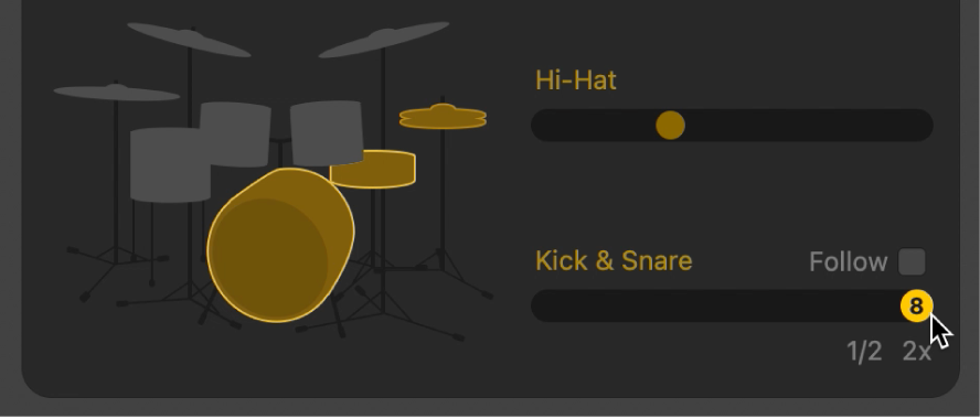 Trình sửa Drummer đang hiển thị biến thể nửa thời gian và gấp đôi thời gian.