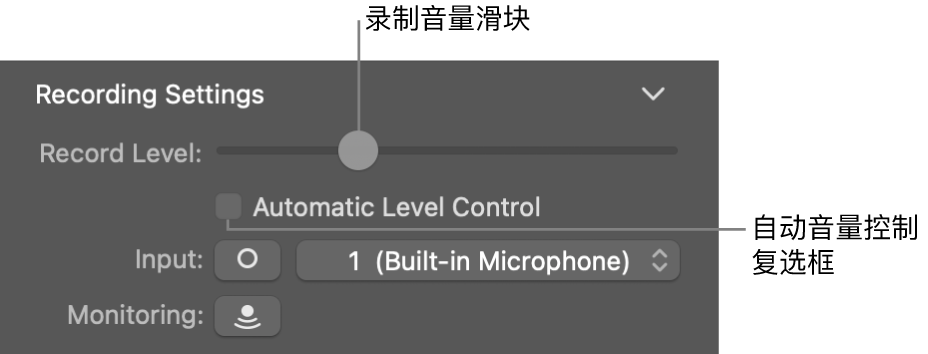 智能控制 检查器中的“录制音量”滑块和“自动音量控制”复选框。