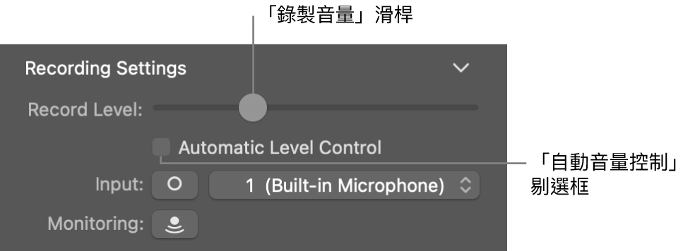 「智慧型控制項目」檢閲器中的「錄製音量」和「自動音量」剔選框。