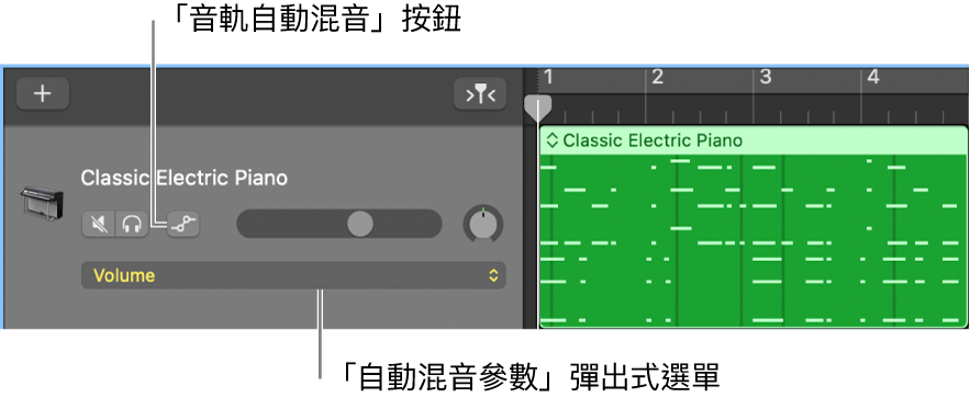 顯示音軌標題中的「音軌自動混音」按鈕和「自動混音參數」彈出式選單。